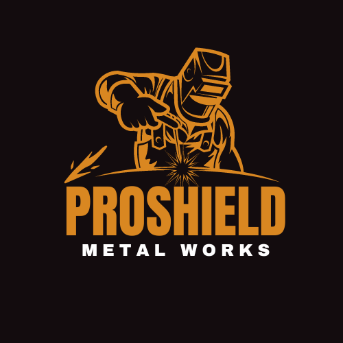Illustration of a welder in action with sparks flying and "Proshield Metal Works" text below.